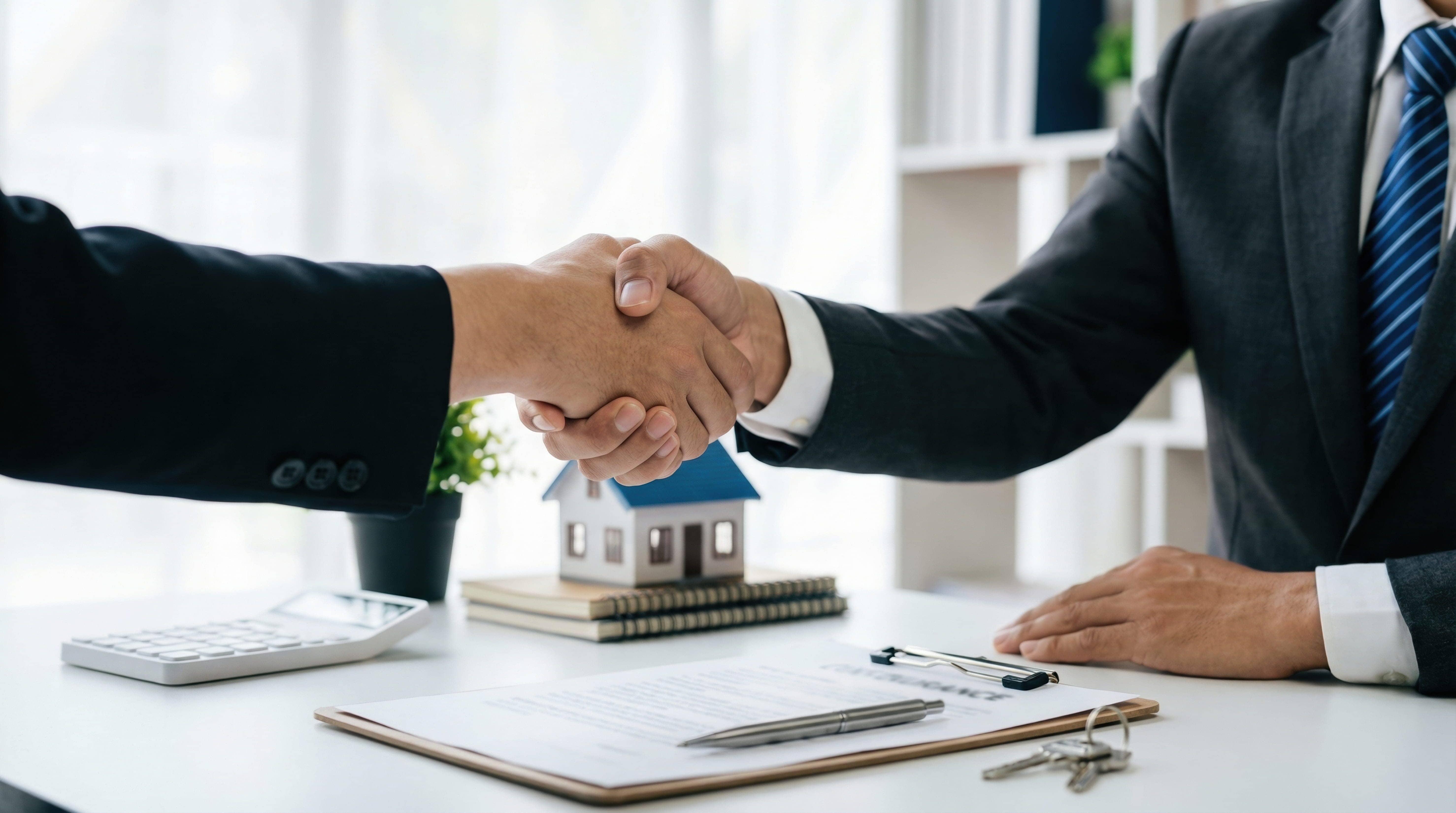 スーツ姿の2人が握手するシーン。テーブルに住宅ミニチュアと契約書、鍵が置かれている