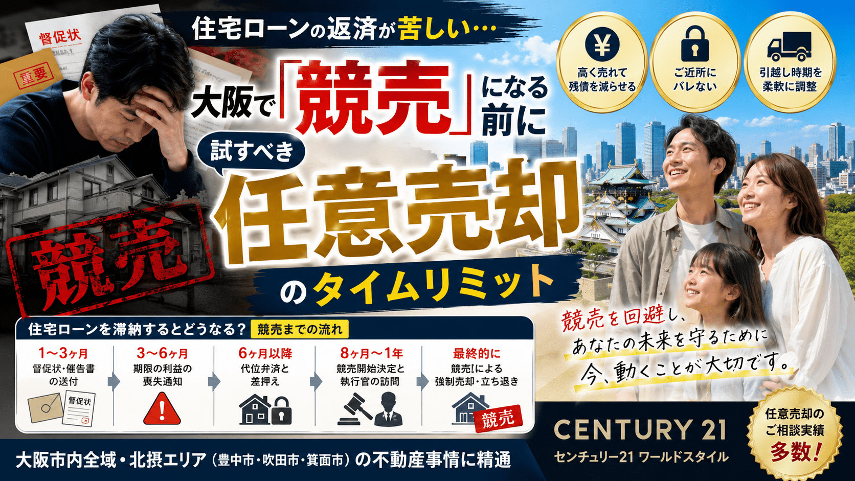 住宅ローンの返済が苦しい…大阪で「競売」になる前に試すべき「任意売却」のタイムリミット